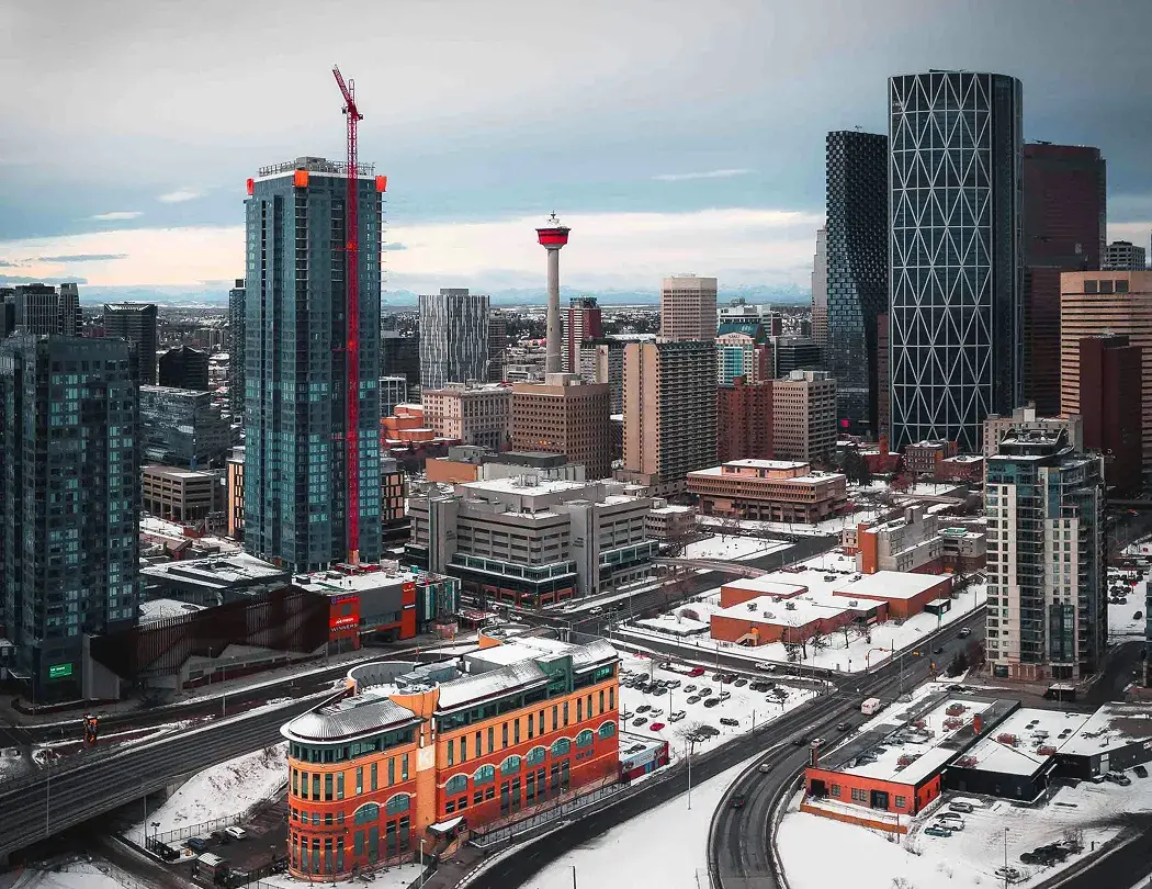 Calgary downtown skyline with Calgary Tower in winter