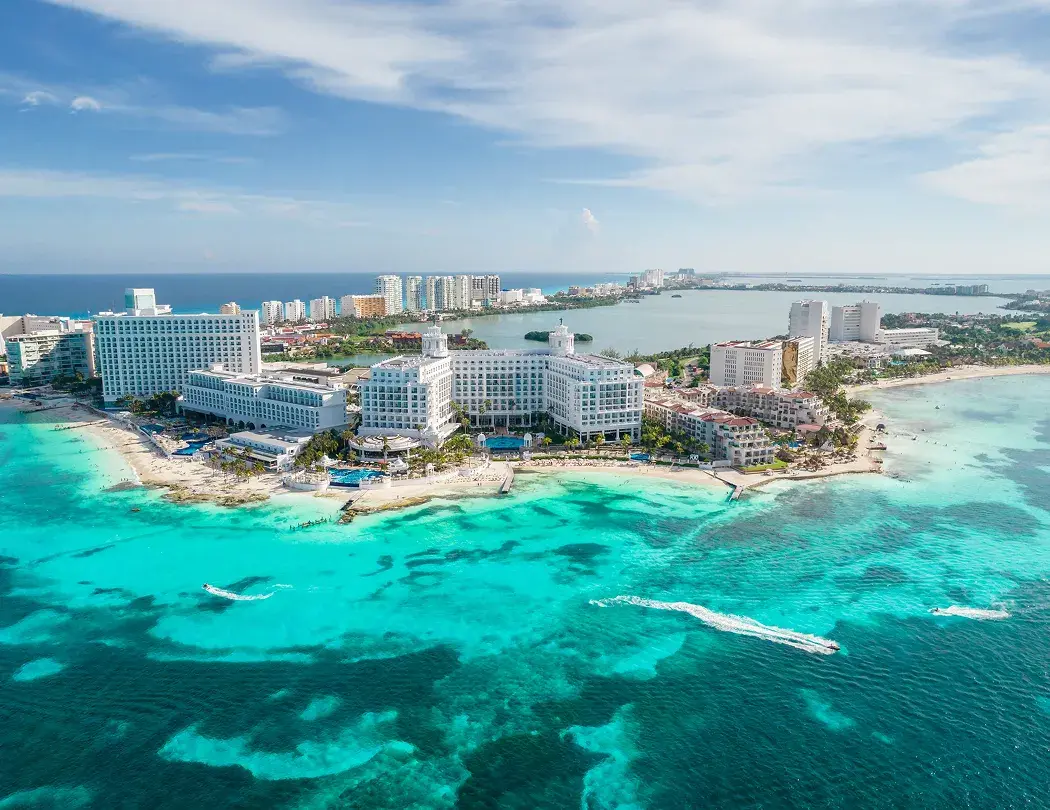 Aerial view of Cancun beach and resorts
