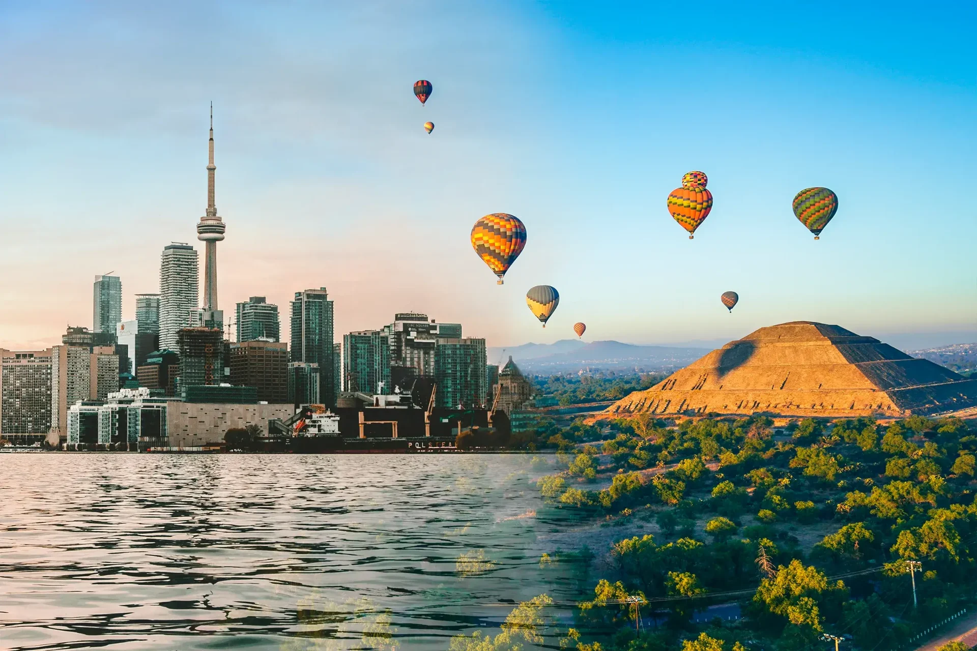 Toronto skyline blending into Teotihuacán pyramid with hot air balloons